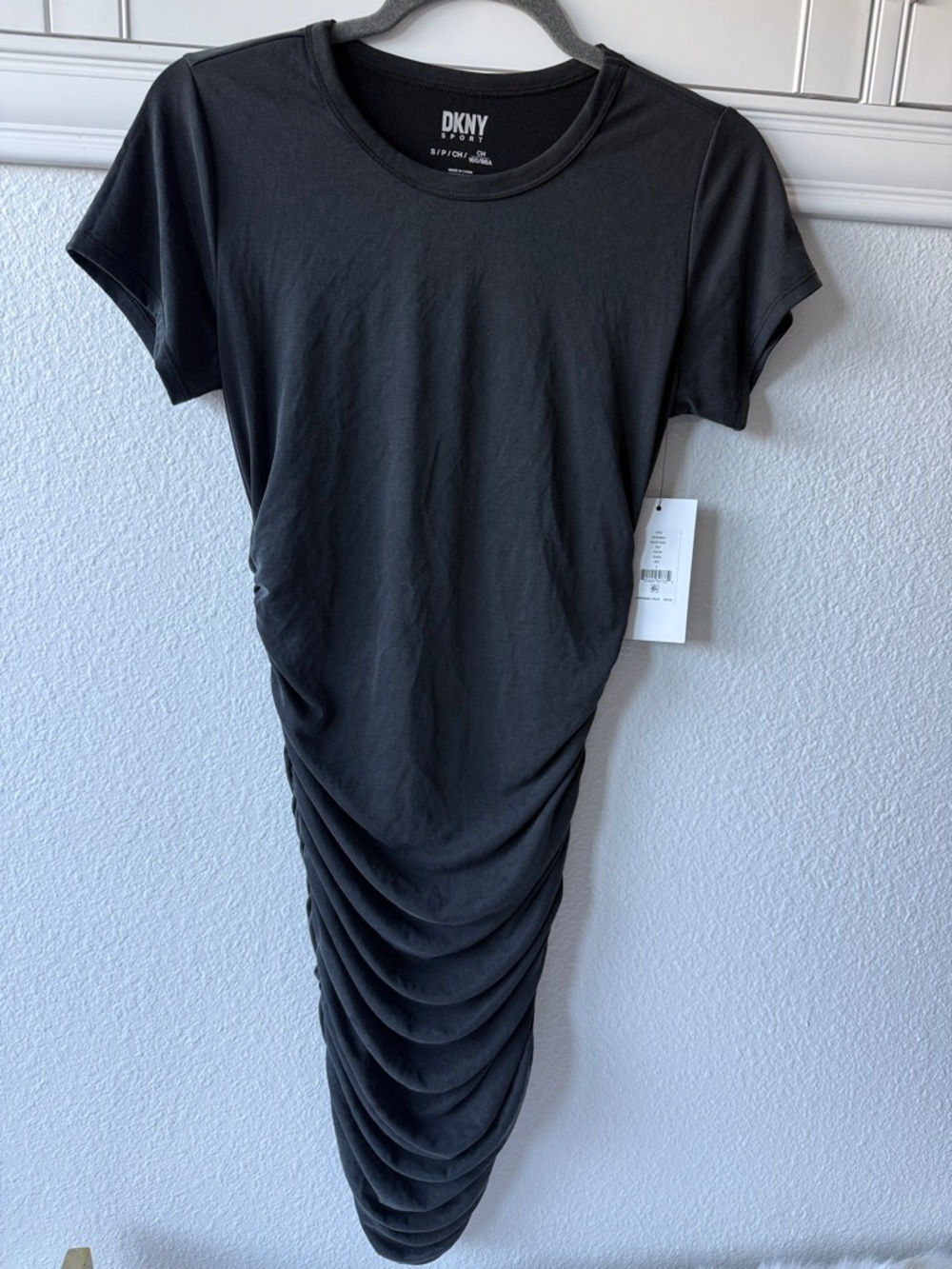 DKNY Black Ruched Short-Sleeve Midi Dress